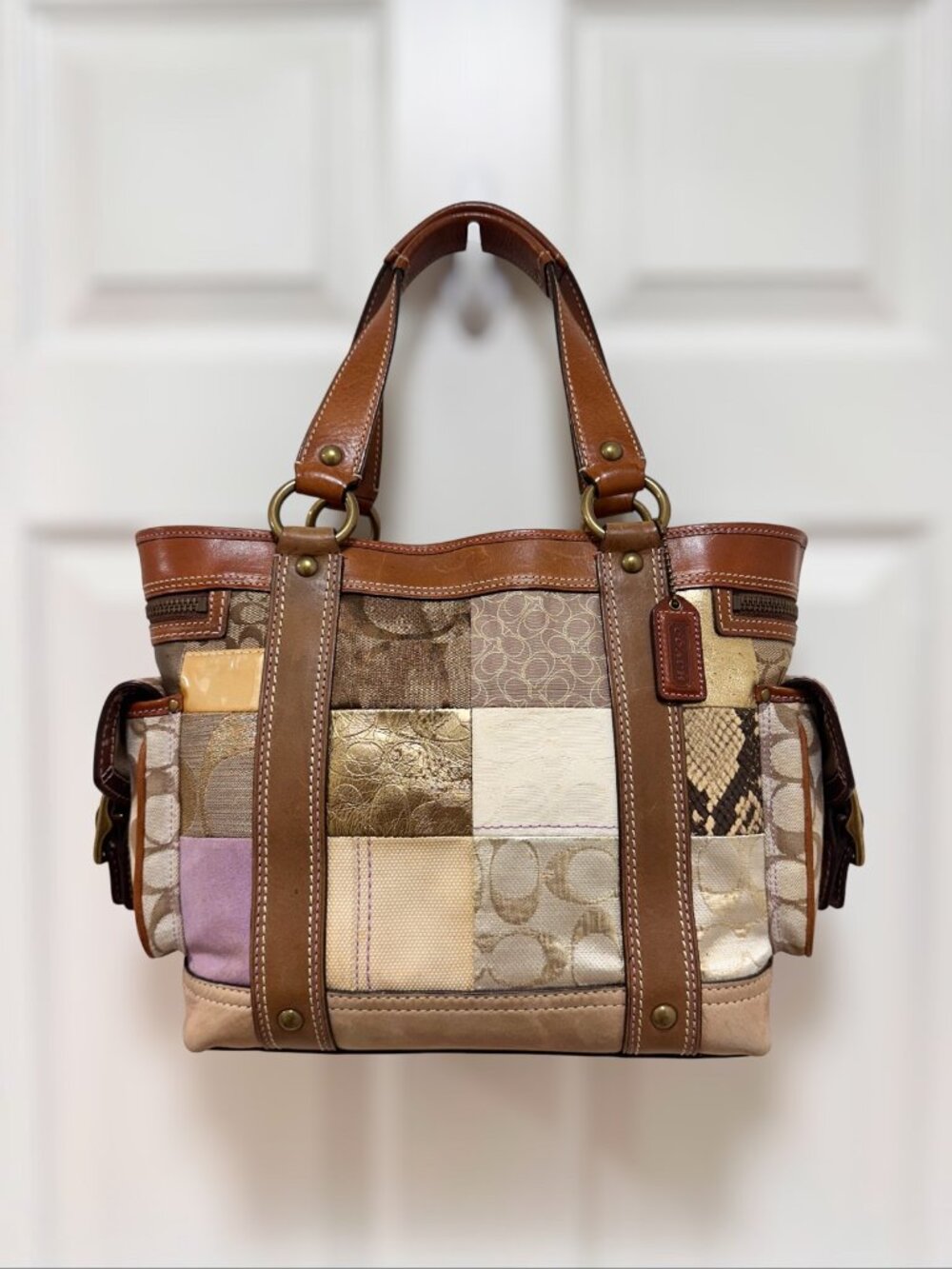 Coach Tote Bag Holiday Patchwork Brown Medium Y2K